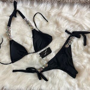 Black iridescent Crystal-Embellished Triangle Bikini - Women Swim